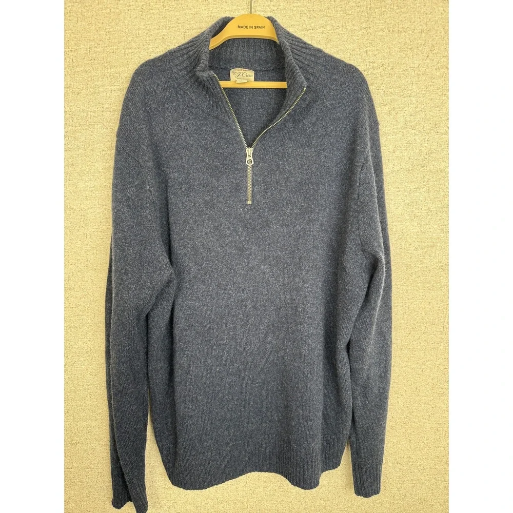 J Crew Rugged Merino Wool Blend Quarter Zip Sweater Mens L Heather Navy Blue